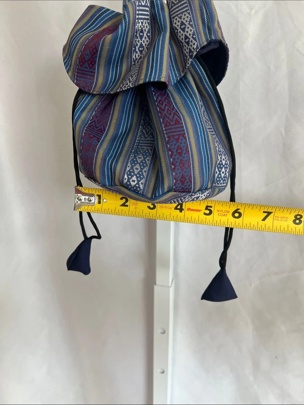 Woven Blue Multi-Stripe Drawstring Bag with Flap on Front & Back Silk Pullstring